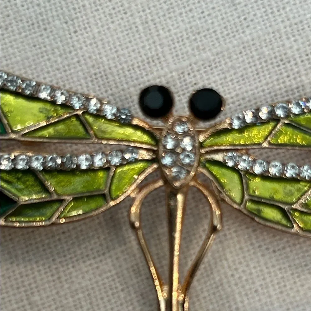 Green and Gold enamel and crystals Dragonfly Brooch